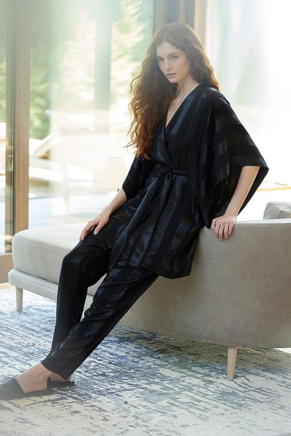 natori Satin Jacquard Stripe Wrap Black