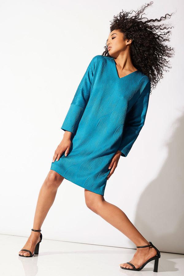 natori Scroll Jacquard Wedge Dress Teal