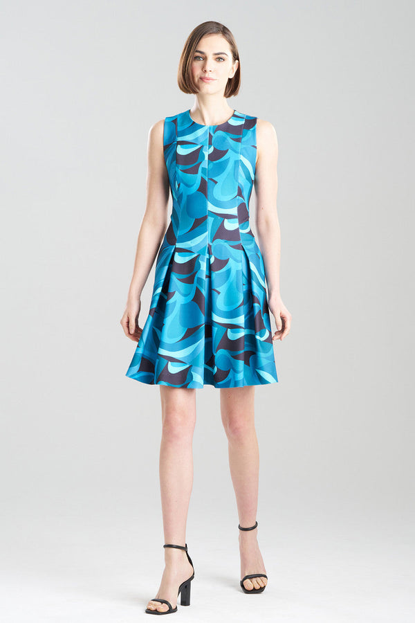 Natori Scroll Knit Crepe Pleated Dress Teal
