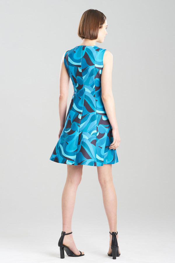 Natori Scroll Knit Crepe Pleated Dress Teal