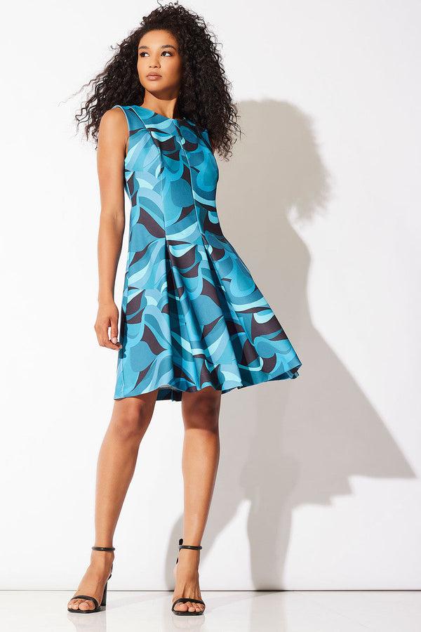 Natori Scroll Knit Crepe Pleated Dress Teal