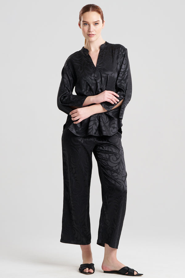 Natori Scroll Satin Jacquard Long Sleeve PJ Black