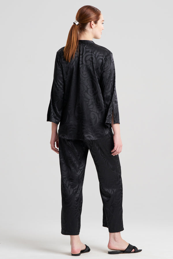 Natori Scroll Satin Jacquard Long Sleeve PJ Black