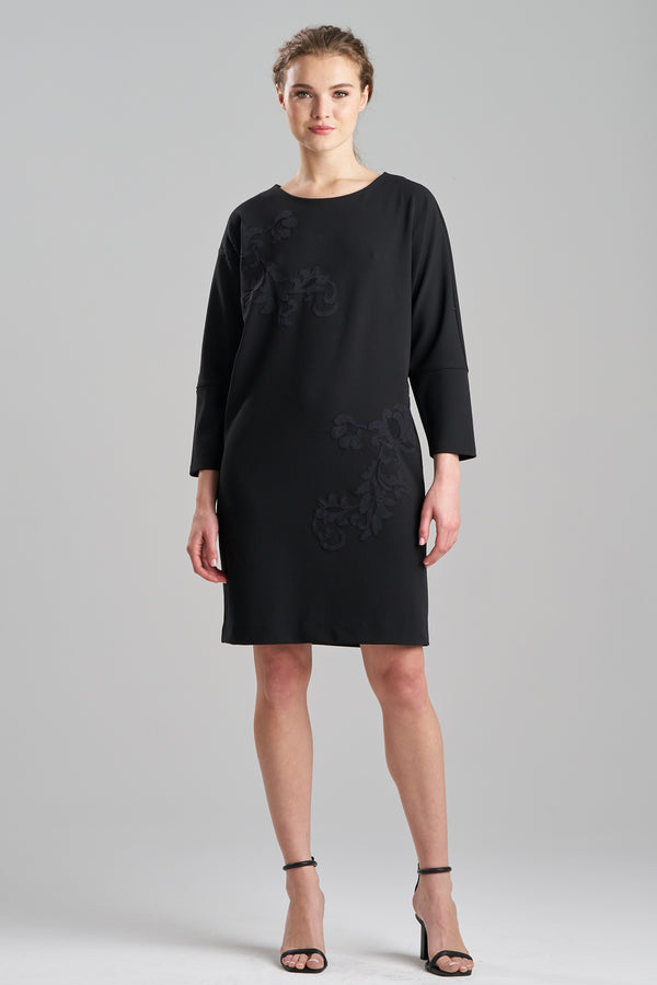 Natori Scuba Crepe Embroidered Wedge Dress Black