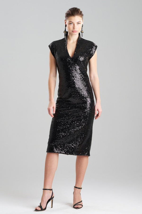 Natori Sequins V-Neck Sheath Dress Black