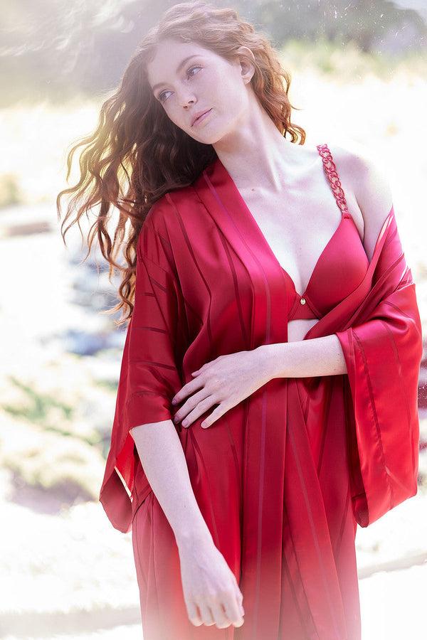 natori Sheer Stripe Jacquard Wrap Brocade Red