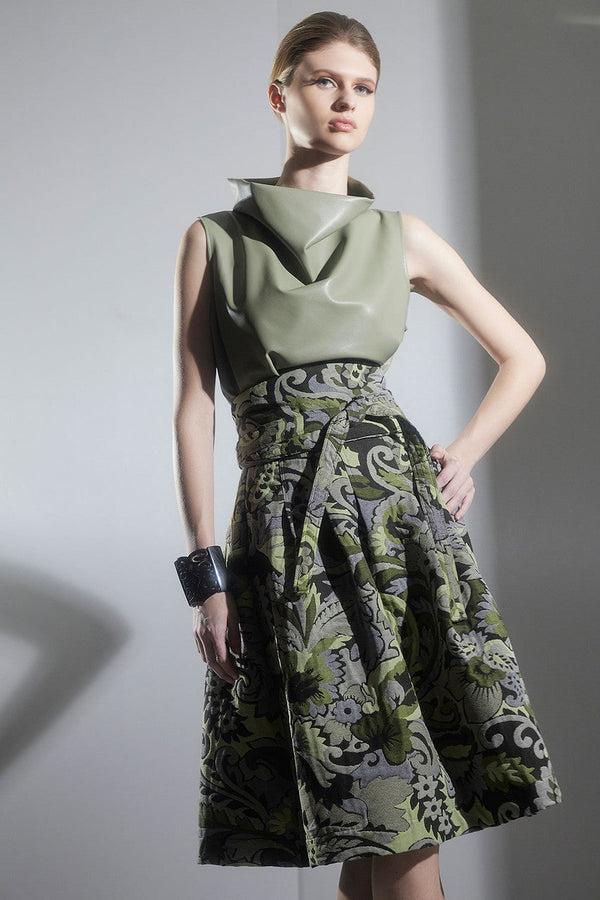 natori Shinrin Paisley Jacquard Pleated Skirt Sage