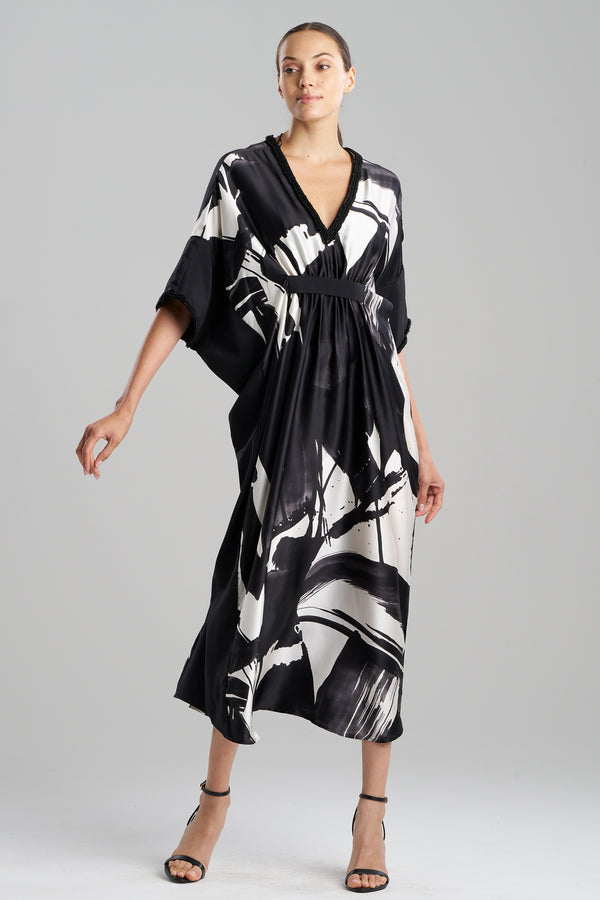 Natori Shodo Beaded Silk Caftan Black White