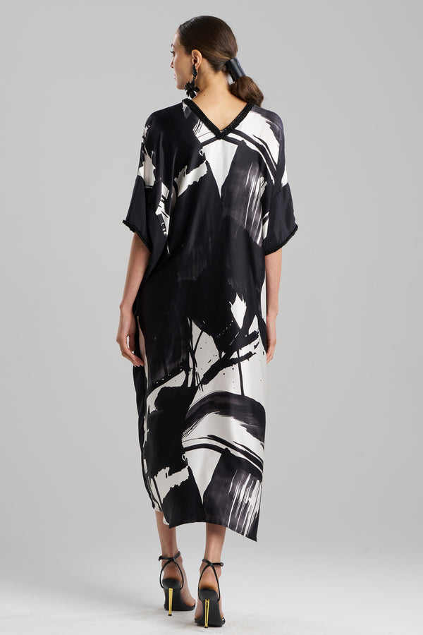 Natori Shodo Beaded Silk Caftan Black White
