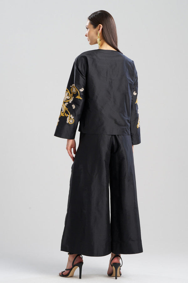 Natori Silk Dupioni Embroidered Crop Jacket Black