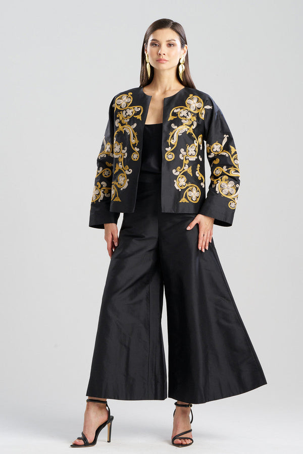 natori Silk Dupioni Embroidered Crop Jacket Black
