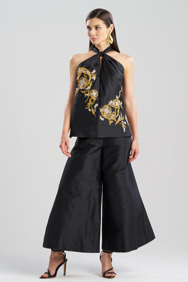 Natori Silk Dupioni Embroidered Halter Top Black