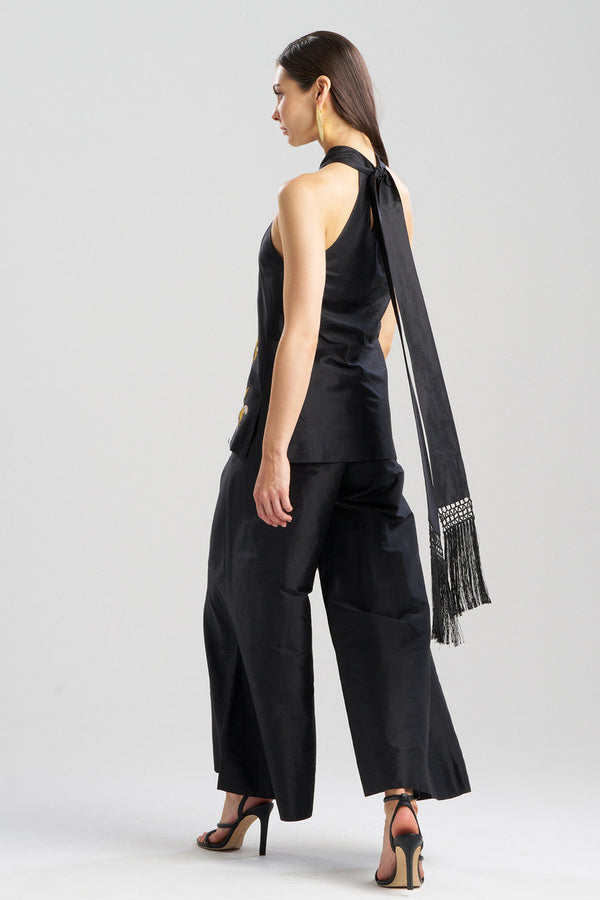 Natori Silk Dupioni Embroidered Halter Top Black