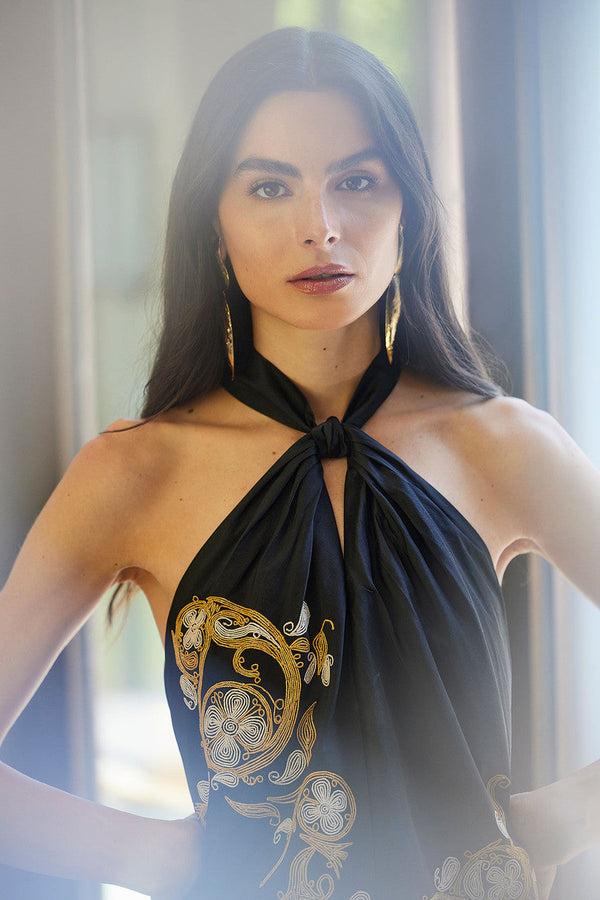 Natori Silk Dupioni Embroidered Halter Top Black