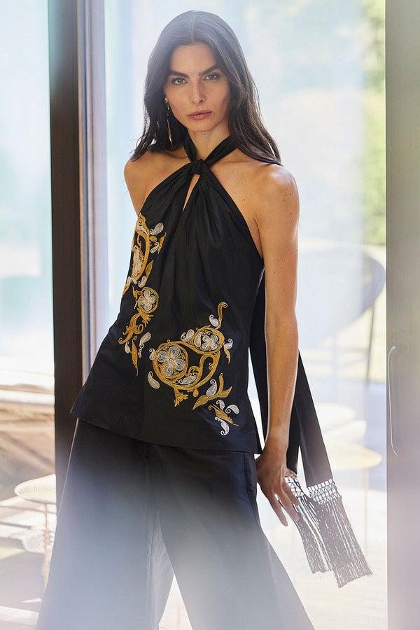 natori Silk Dupioni Embroidered Halter Top Black