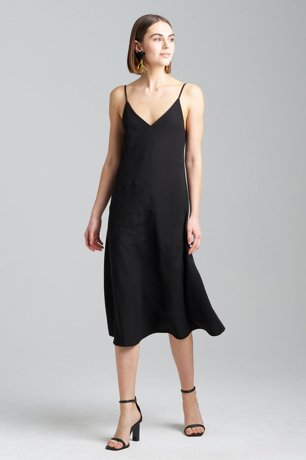Natori Solid Crepe Embroidered Slip Dress Black