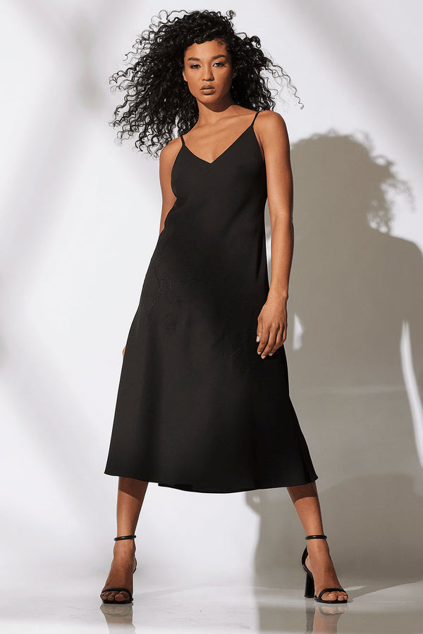 natori Solid Crepe Embroidered Slip Dress Black