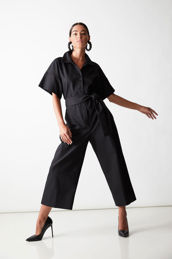 Natori Stretch Cotton Blend Crop Jumpsuit Black