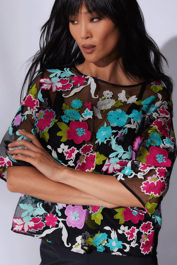 natori Tangier Embroidered Tulle Top Black Multi