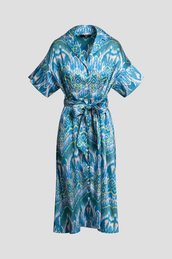 Natori Tau Ikat Silky Twill Shirtdress Blue/Green