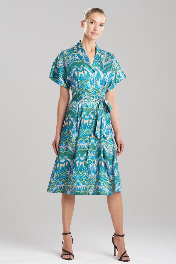 natori Tau Ikat Silky Twill Shirtdress Blue/Green