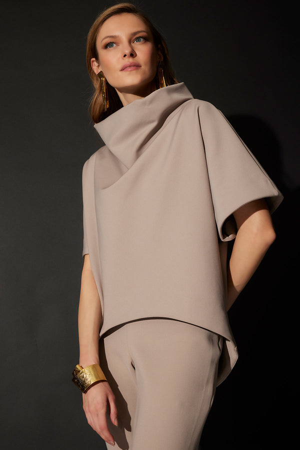 natori Techno Crepe Funnel Neck High Low Top Taupe