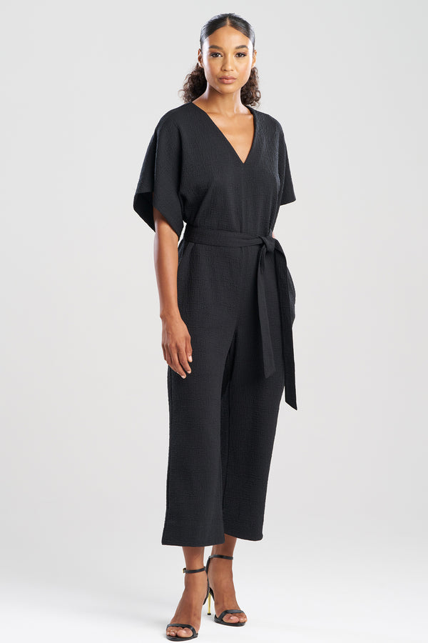 Natori Textured Knit Crepe V-Neck Jumpsuit Black