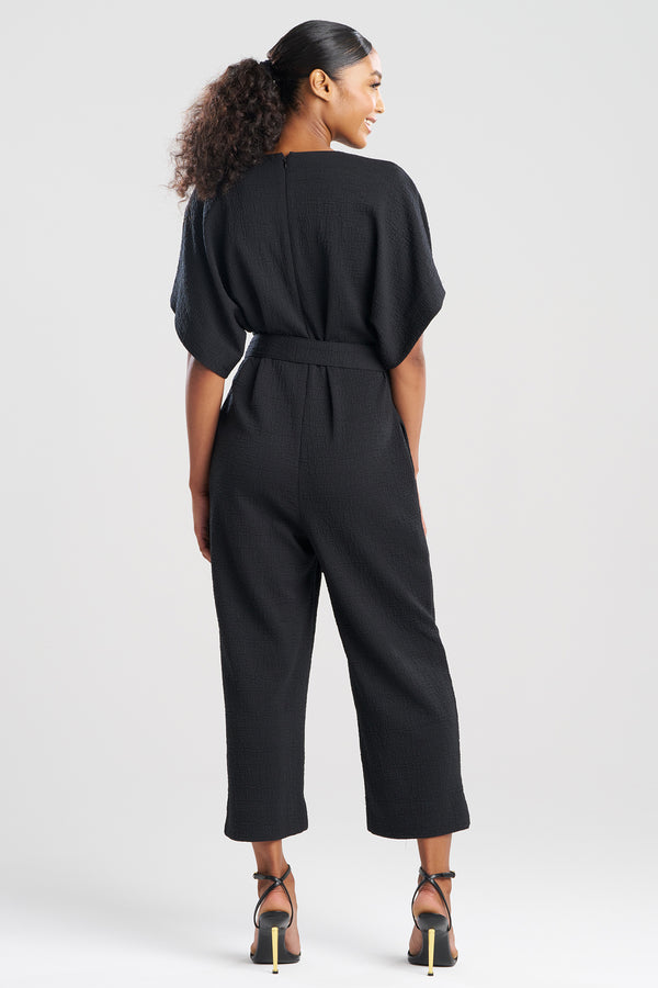 Natori Textured Knit Crepe V-Neck Jumpsuit Black
