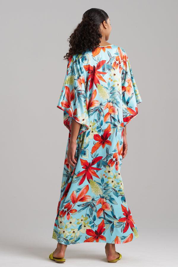 Natori Tropical Breeze Satin Caftan Blue
