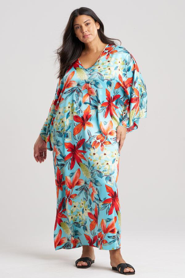 Natori Tropical Breeze Satin Caftan Blue