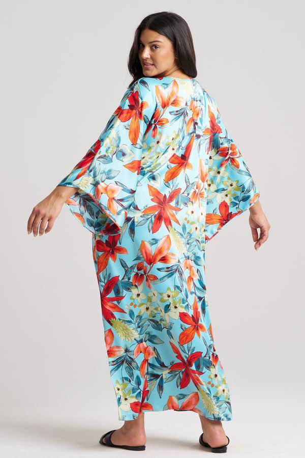 Natori Tropical Breeze Satin Caftan Blue