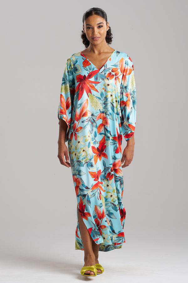 natori Tropical Breeze Satin Caftan Blue