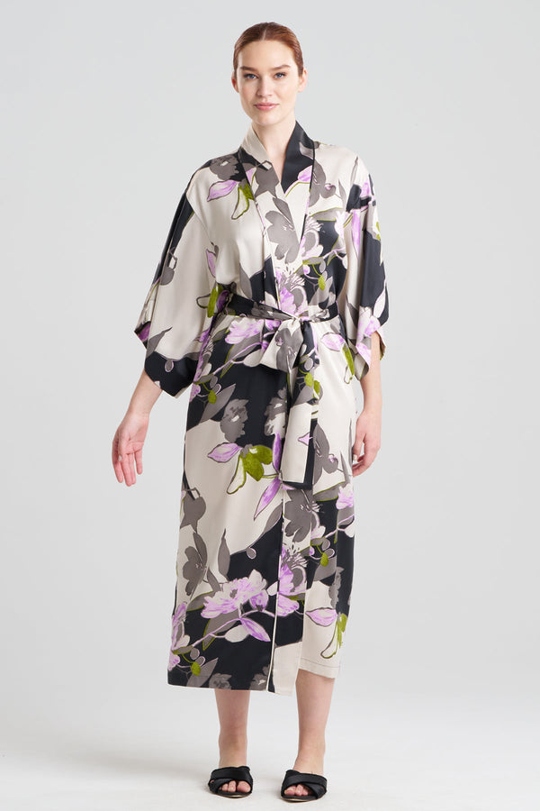 natori Tsubaki Satin Robe Black Multi