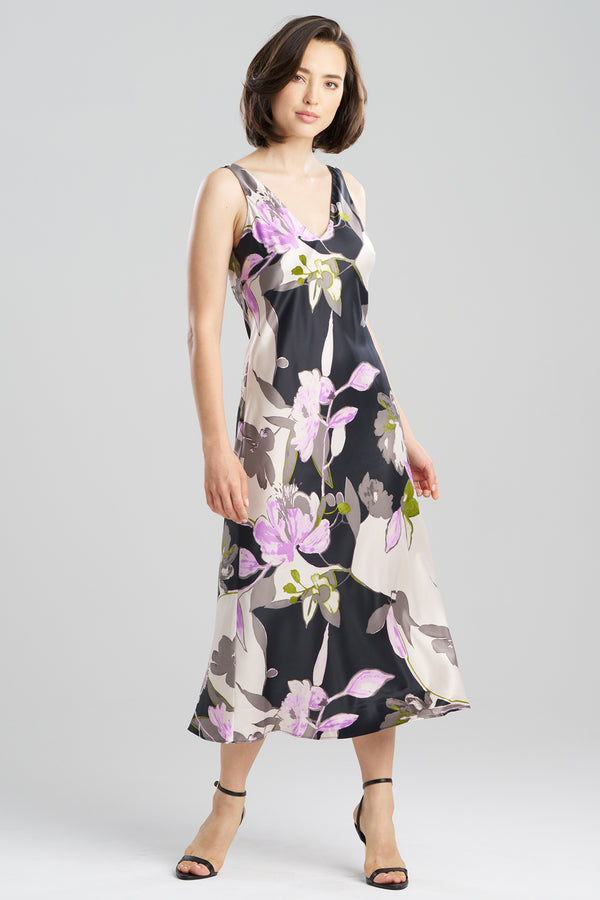 Natori Tsubaki Satin Tank Slip Dress Black Multi