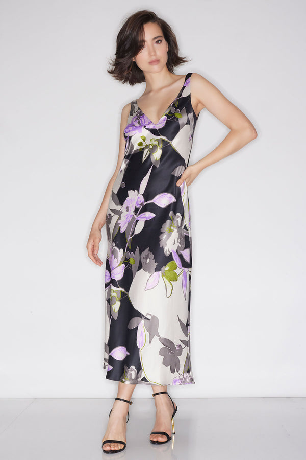 natori Tsubaki Satin Tank Slip Dress Black Multi