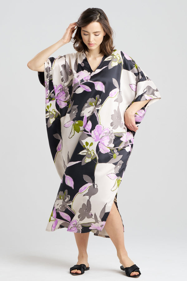 natori Tsubaki Satin V-Neck Caftan Black Multi