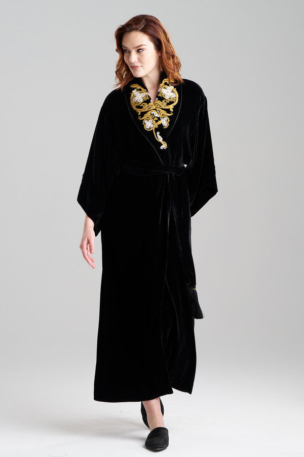 natori Velvet Embroidered Shawl Collar Robe Black