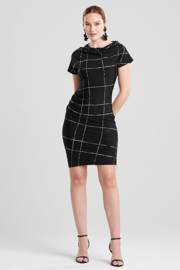 Natori Zia Crepe Knit Asymmetric Drape Dress Black