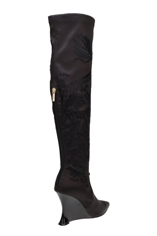 Natori Natsu Satin Embroidered Dragon Stretch Over The Knee Boot Black