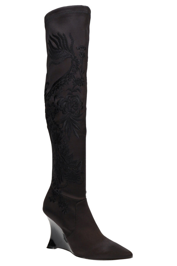 Natori Natsu Satin Embroidered Dragon Stretch Over The Knee Boot Black