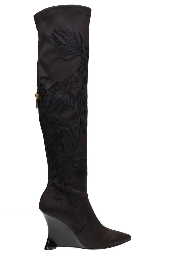 Natori Natsu Satin Embroidered Dragon Stretch Over The Knee Boot Black