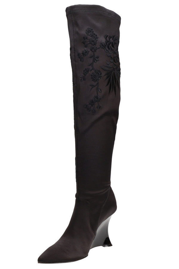 natori Natsu Satin Embroidered Dragon Stretch Over the Knee Boot Black