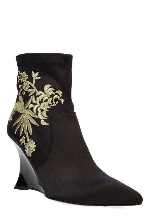 Natori Neko Satin Embroidery Wedge Ankle Boot Black/Gold