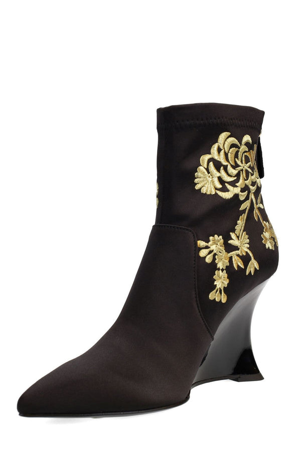natori Neko Satin Embroidery Wedge Ankle Boot Black/Gold
