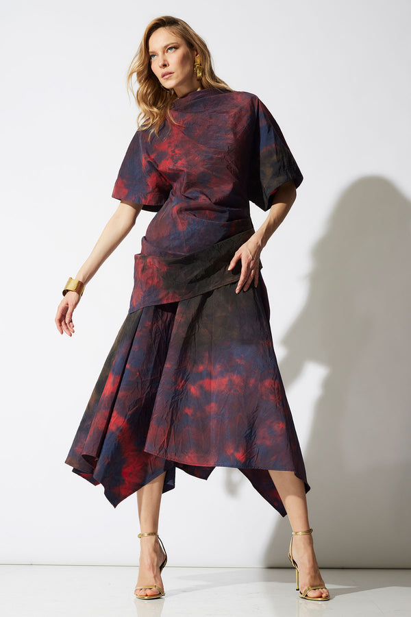 natori Niji Tie Dye Taffeta Asymmetric Draped Top Red