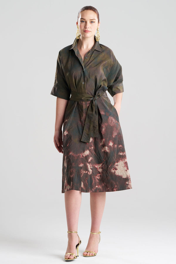 natori Niji Tie Dye Taffeta Belted Shirtdress Green