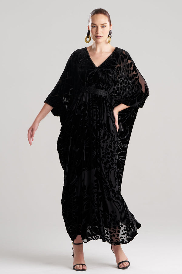 Natori Nouveau Velvet Embellished Silk Caftan Black