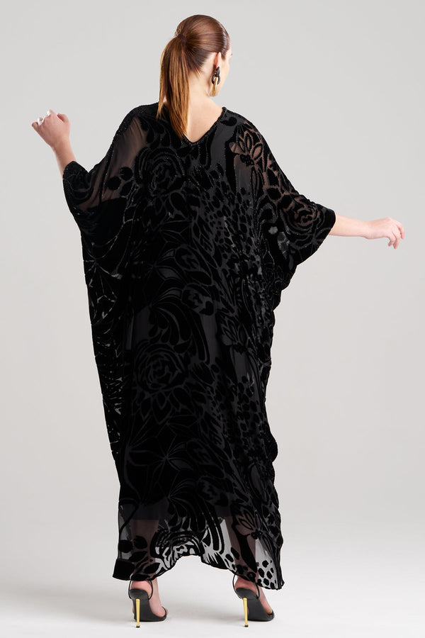 Natori Nouveau Velvet Embellished Silk Caftan Black