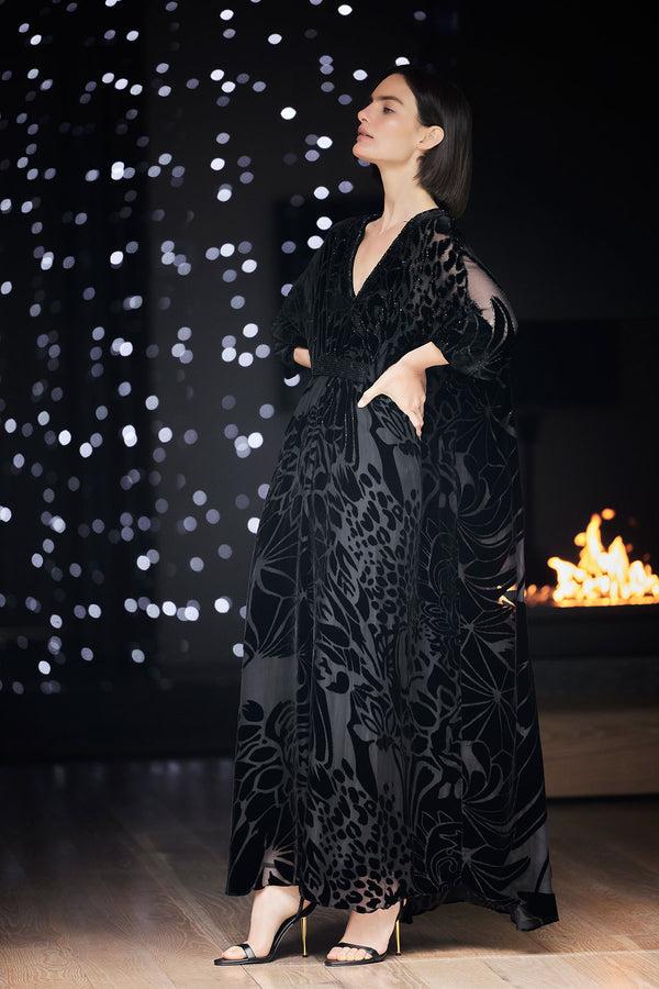 Natori Nouveau Velvet Embellished Silk Caftan Black