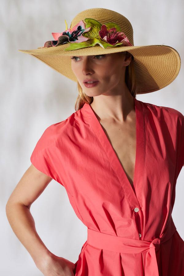 Natori Ophelia Embroidered Cut-Out 3D Applique Straw Hat Natural